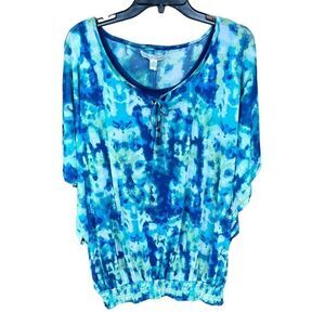 French Laundry Top Scoop Tie Neck Blue White Yellow Attached Tank Top 3X